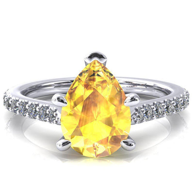 Kelsy Pear Yellow Sapphire 5 Prong 3/4 Shared Scalloped Inverted Cathedral Ring-FIRE & BRILLIANCE