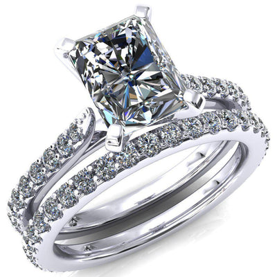 Kelsy Radiant Moissanite 4 Prong 3/4 Shared Scalloped Inverted Cathedral Ring-FIRE & BRILLIANCE