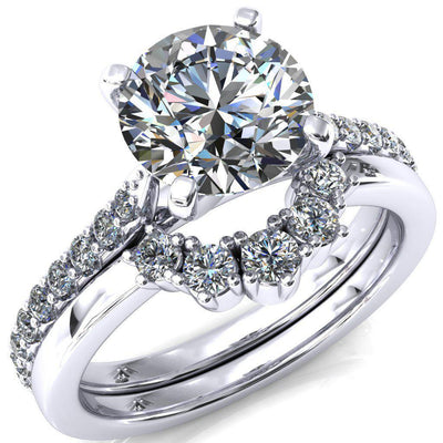 Kelsy Round Moissanite 4 Prong 3/4 Shared Scalloped Inverted Cathedral Ring-FIRE & BRILLIANCE