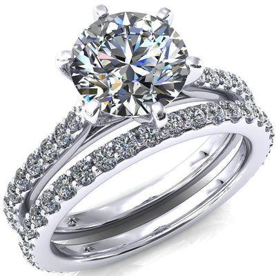 Kelsy Round Moissanite 6 Prong 3/4 Shared Scalloped Inverted Cathedral Ring-FIRE & BRILLIANCE