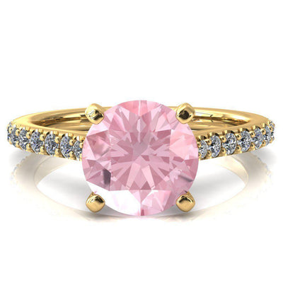 Kelsy Round Pink Sapphire 4 Prong 3/4 Shared Scalloped Inverted Cathedral Ring-FIRE & BRILLIANCE