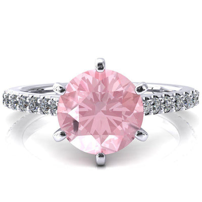 Kelsy Round Pink Sapphire 6 Prong 3/4 Shared Scalloped Inverted Cathedral Ring-FIRE & BRILLIANCE