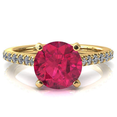 Kelsy Round Ruby 4 Prong 3/4 Shared Scalloped Inverted Cathedral Ring-FIRE & BRILLIANCE