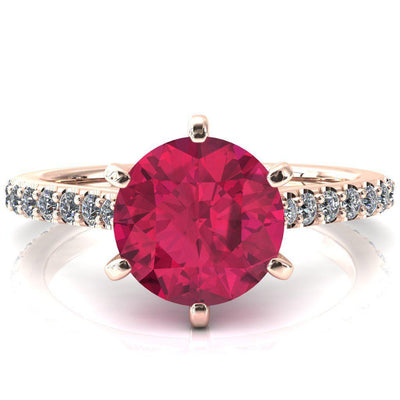 Kelsy Round Ruby 6 Prong 3/4 Shared Scalloped Inverted Cathedral Ring-FIRE & BRILLIANCE