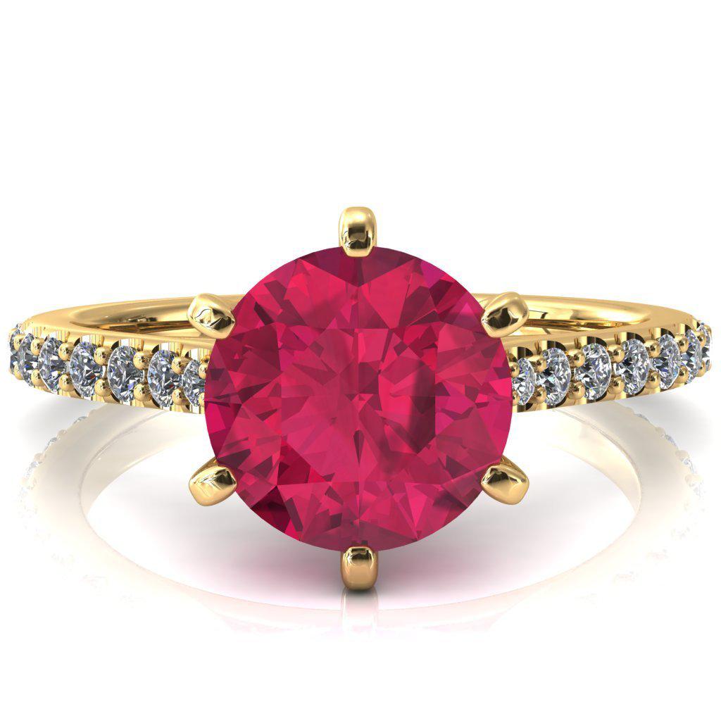 Kelsy Round Ruby 6 Prong 3/4 Shared Scalloped Inverted Cathedral Ring-FIRE & BRILLIANCE