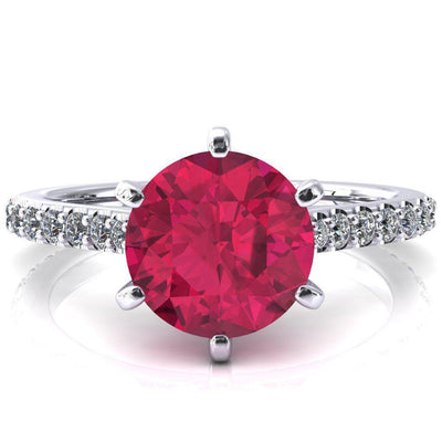 Kelsy Round Ruby 6 Prong 3/4 Shared Scalloped Inverted Cathedral Ring-FIRE & BRILLIANCE
