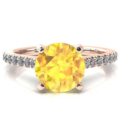 Kelsy Round Yellow Sapphire 4 Prong 3/4 Shared Scalloped Inverted Cathedral Ring-FIRE & BRILLIANCE