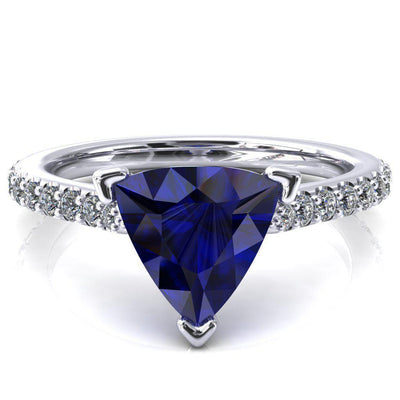 Kelsy Trillion Blue Sapphire 3 Prong 3/4 Shared Scalloped Inverted Cathedral Ring-FIRE & BRILLIANCE