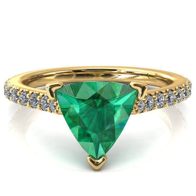 Kelsy Trillion Emerald 3 Prong 3/4 Shared Scalloped Inverted Cathedral Ring-FIRE & BRILLIANCE