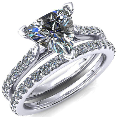 Kelsy Trillion Moissanite 3 Prong 3/4 Shared Scalloped Inverted Cathedral Ring-FIRE & BRILLIANCE
