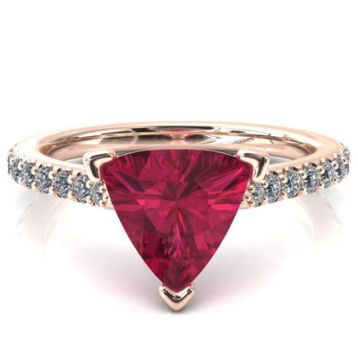 Kelsy Trillion Ruby 3 Prong 3/4 Shared Scalloped Inverted Cathedral Ring-FIRE & BRILLIANCE
