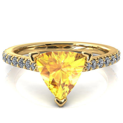 Kelsy Trillion Yellow Sapphire 3 Prong 3/4 Shared Scalloped Inverted Cathedral Ring-FIRE & BRILLIANCE