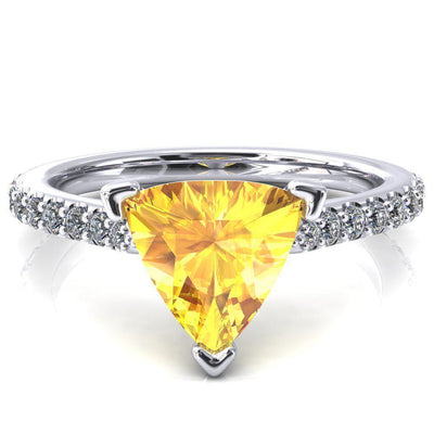 Kelsy Trillion Yellow Sapphire 3 Prong 3/4 Shared Scalloped Inverted Cathedral Ring-FIRE & BRILLIANCE