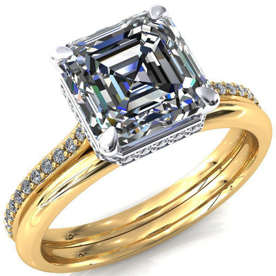 Kiki Asscher Moissanite 4 Prongs Claw Floating Halo 1/2 Pinpoint Inverted Cathedral Ring-FIRE & BRILLIANCE