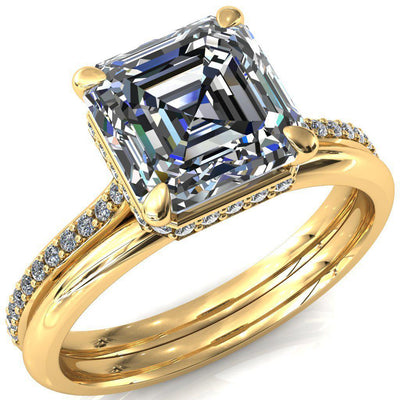 Kiki Asscher Moissanite 4 Prongs Claw Floating Halo 1/2 Pinpoint Inverted Cathedral Ring-FIRE & BRILLIANCE