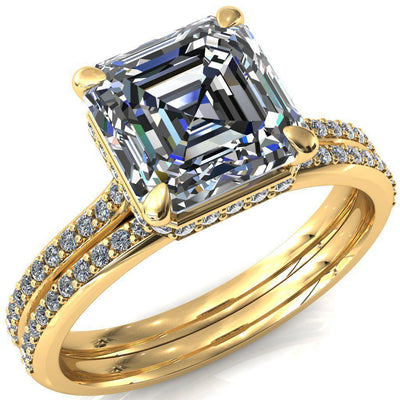 Kiki Asscher Moissanite 4 Prongs Claw Floating Halo 1/2 Pinpoint Inverted Cathedral Ring-FIRE & BRILLIANCE