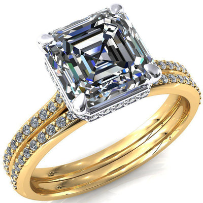 Kiki Asscher Moissanite 4 Prongs Claw Floating Halo 1/2 Pinpoint Inverted Cathedral Ring-FIRE & BRILLIANCE