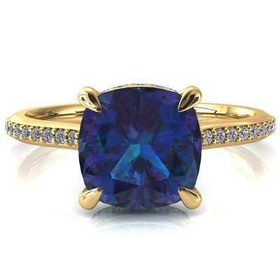 Kiki Cushion Alexandrite 4 Prongs Claw Floating Halo 1/2 Pinpoint Inverted Cathedral Ring-FIRE & BRILLIANCE