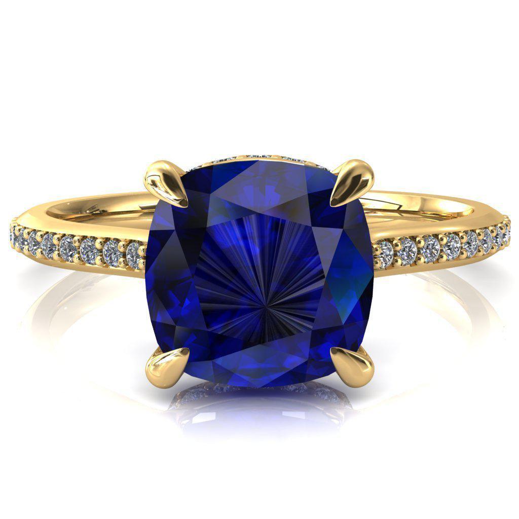 Kiki Cushion Blue Sapphire 4 Prongs Claw Floating Halo 1/2 Pinpoint Inverted Cathedral Ring-FIRE & BRILLIANCE