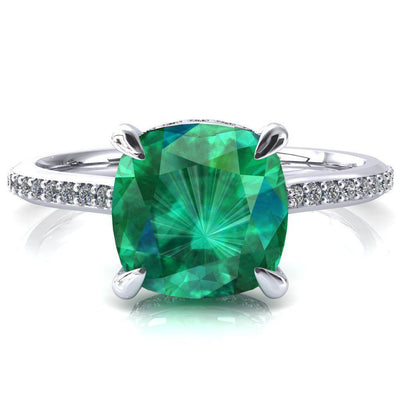 Kiki Cushion Emerald 4 Prongs Claw Floating Halo 1/2 Pinpoint Inverted Cathedral Ring-FIRE & BRILLIANCE