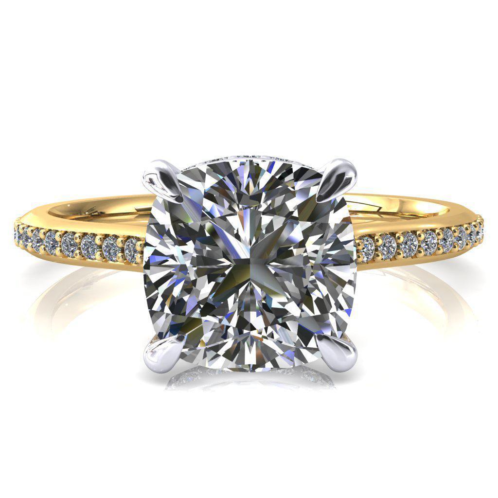 Kiki Cushion Moissanite 4 Prongs Claw Floating Halo 1/2 Pinpoint Inverted Cathedral Ring-FIRE & BRILLIANCE