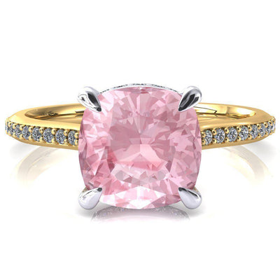 Kiki Cushion Pink Sapphire 4 Prongs Claw Floating Halo 1/2 Pinpoint Inverted Cathedral Ring-FIRE & BRILLIANCE