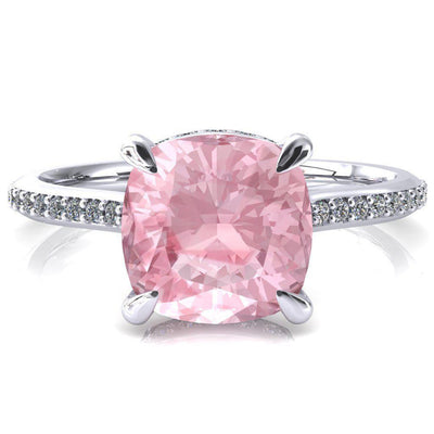 Kiki Cushion Pink Sapphire 4 Prongs Claw Floating Halo 1/2 Pinpoint Inverted Cathedral Ring-FIRE & BRILLIANCE