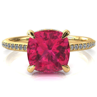 Kiki Cushion Ruby 4 Prongs Claw Floating Halo 1/2 Pinpoint Inverted Cathedral Ring-FIRE & BRILLIANCE