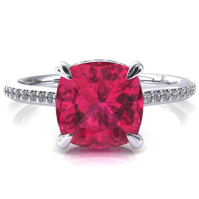 Kiki Cushion Ruby 4 Prongs Claw Floating Halo 1/2 Pinpoint Inverted Cathedral Ring-FIRE & BRILLIANCE