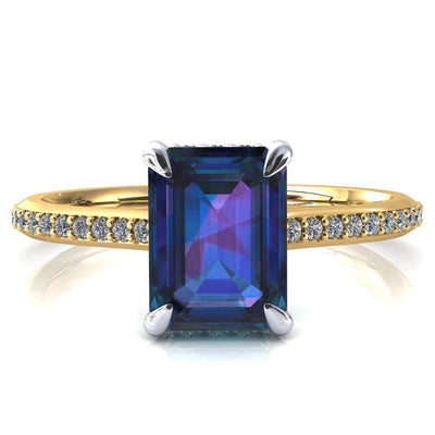 Kiki Emerald Alexandrite 4 Prongs Claw Floating Halo 1/2 Pinpoint Inverted Cathedral Ring-FIRE & BRILLIANCE
