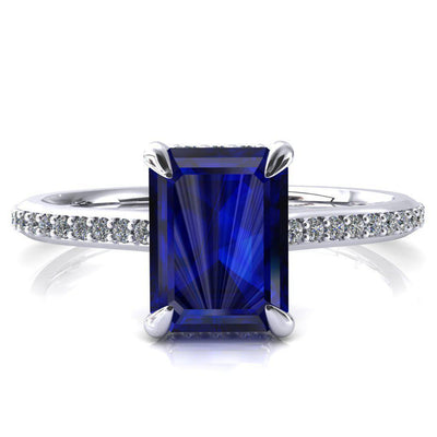 Kiki Emerald Blue Sapphire 4 Prongs Claw Floating Halo 1/2 Pinpoint Inverted Cathedral Ring-FIRE & BRILLIANCE
