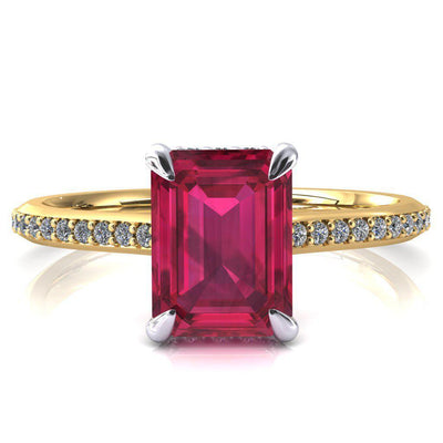 Kiki Emerald Ruby 4 Prongs Claw Floating Halo 1/2 Pinpoint Inverted Cathedral Ring-FIRE & BRILLIANCE