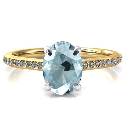 Kiki Oval Aqua Blue Spinel 4 Prongs Claw Floating Halo 1/2 Pinpoint Inverted Cathedral Ring-FIRE & BRILLIANCE