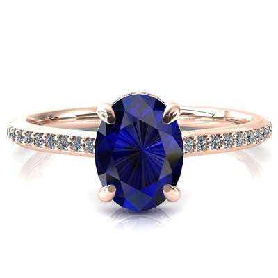 Kiki Oval Blue Sapphire 4 Prongs Claw Floating Halo 1/2 Pinpoint Inverted Cathedral Ring-FIRE & BRILLIANCE