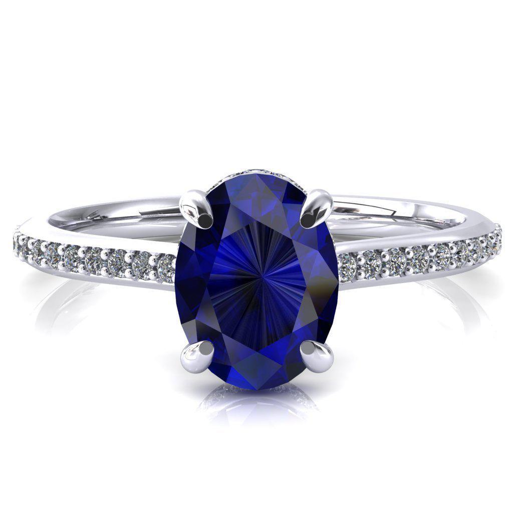 Kiki Oval Blue Sapphire 4 Prongs Claw Floating Halo 1/2 Pinpoint Inverted Cathedral Ring-FIRE & BRILLIANCE