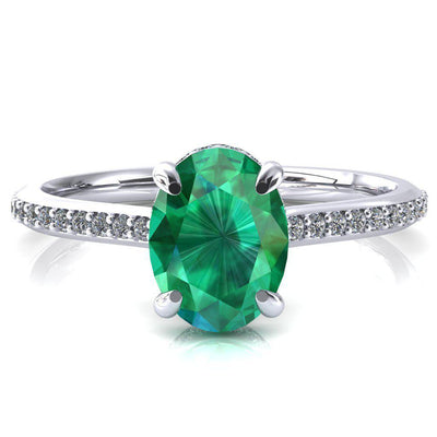 Kiki Oval Emerald 4 Prongs Claw Floating Halo 1/2 Pinpoint Inverted Cathedral Ring-FIRE & BRILLIANCE