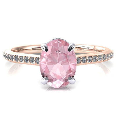 Kiki Oval Pink Sapphire 4 Prongs Claw Floating Halo 1/2 Pinpoint Inverted Cathedral Ring-FIRE & BRILLIANCE