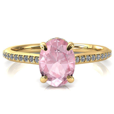 Kiki Oval Pink Sapphire 4 Prongs Claw Floating Halo 1/2 Pinpoint Inverted Cathedral Ring-FIRE & BRILLIANCE