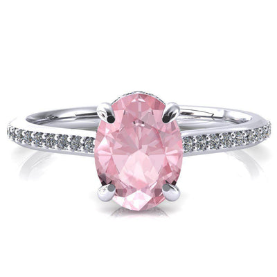 Kiki Oval Pink Sapphire 4 Prongs Claw Floating Halo 1/2 Pinpoint Inverted Cathedral Ring-FIRE & BRILLIANCE