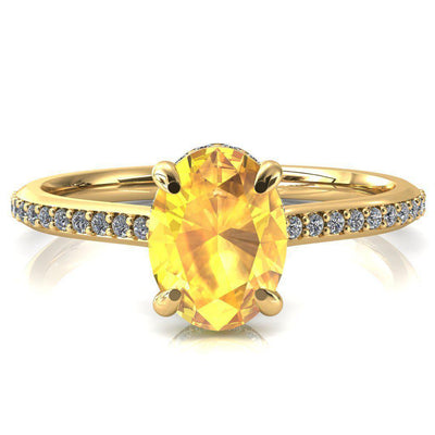 Kiki Oval Yellow Sapphire 4 Prongs Claw Floating Halo 1/2 Pinpoint Inverted Cathedral Ring-FIRE & BRILLIANCE