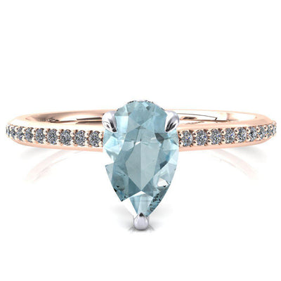 Kiki Pear Aqua Blue Spinel 3 Prongs Claw Floating Halo 1/2 Pinpoint Inverted Cathedral Ring-FIRE & BRILLIANCE