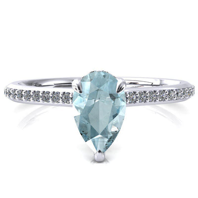 Kiki Pear Aqua Blue Spinel 3 Prongs Claw Floating Halo 1/2 Pinpoint Inverted Cathedral Ring-FIRE & BRILLIANCE
