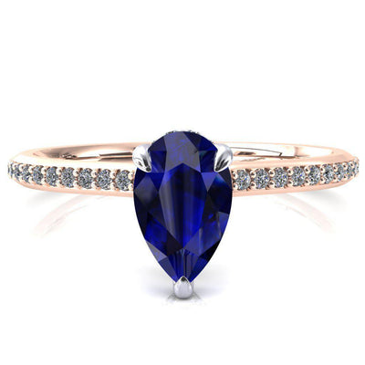 Kiki Pear Blue Sapphire 3 Prongs Claw Floating Halo 1/2 Pinpoint Inverted Cathedral Ring-FIRE & BRILLIANCE