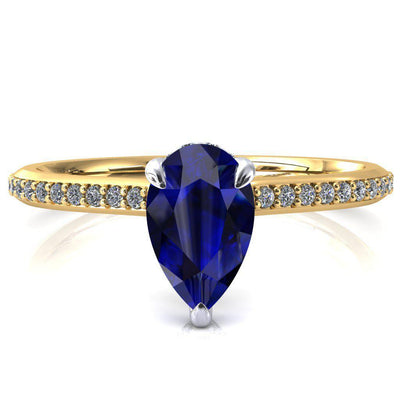 Kiki Pear Blue Sapphire 3 Prongs Claw Floating Halo 1/2 Pinpoint Inverted Cathedral Ring-FIRE & BRILLIANCE