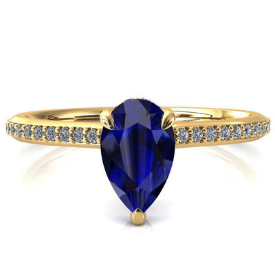 Kiki Pear Blue Sapphire 3 Prongs Claw Floating Halo 1/2 Pinpoint Inverted Cathedral Ring-FIRE & BRILLIANCE