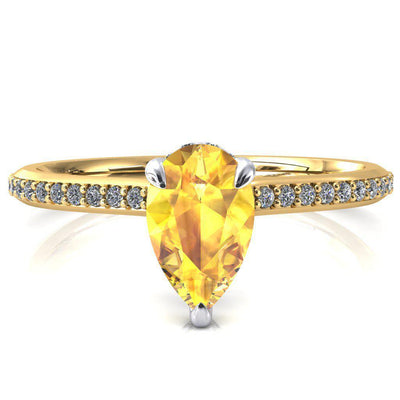 Kiki Pear Yellow Sapphire 3 Prongs Claw Floating Halo 1/2 Pinpoint Inverted Cathedral Ring-FIRE & BRILLIANCE