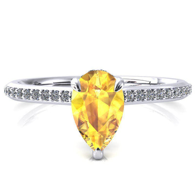 Kiki Pear Yellow Sapphire 3 Prongs Claw Floating Halo 1/2 Pinpoint Inverted Cathedral Ring-FIRE & BRILLIANCE