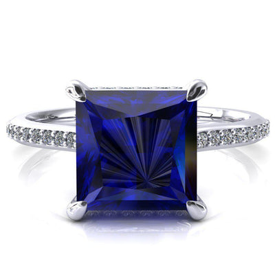 Kiki Princess Blue Sapphire 4 Prongs Claw Floating Halo 1/2 Pinpoint Inverted Cathedral Ring-FIRE & BRILLIANCE