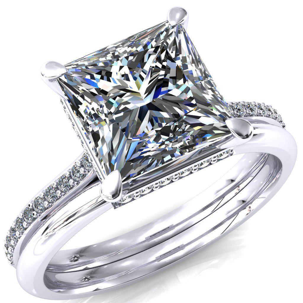 Kiki Princess/Square Moissanite 4 Prongs Claw Floating Halo 1/2 Pinpoint Inverted Cathedral Ring-FIRE & BRILLIANCE