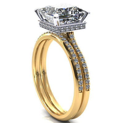 Kiki Princess/Square Moissanite 4 Prongs Claw Floating Halo 1/2 Pinpoint Inverted Cathedral Ring-FIRE & BRILLIANCE